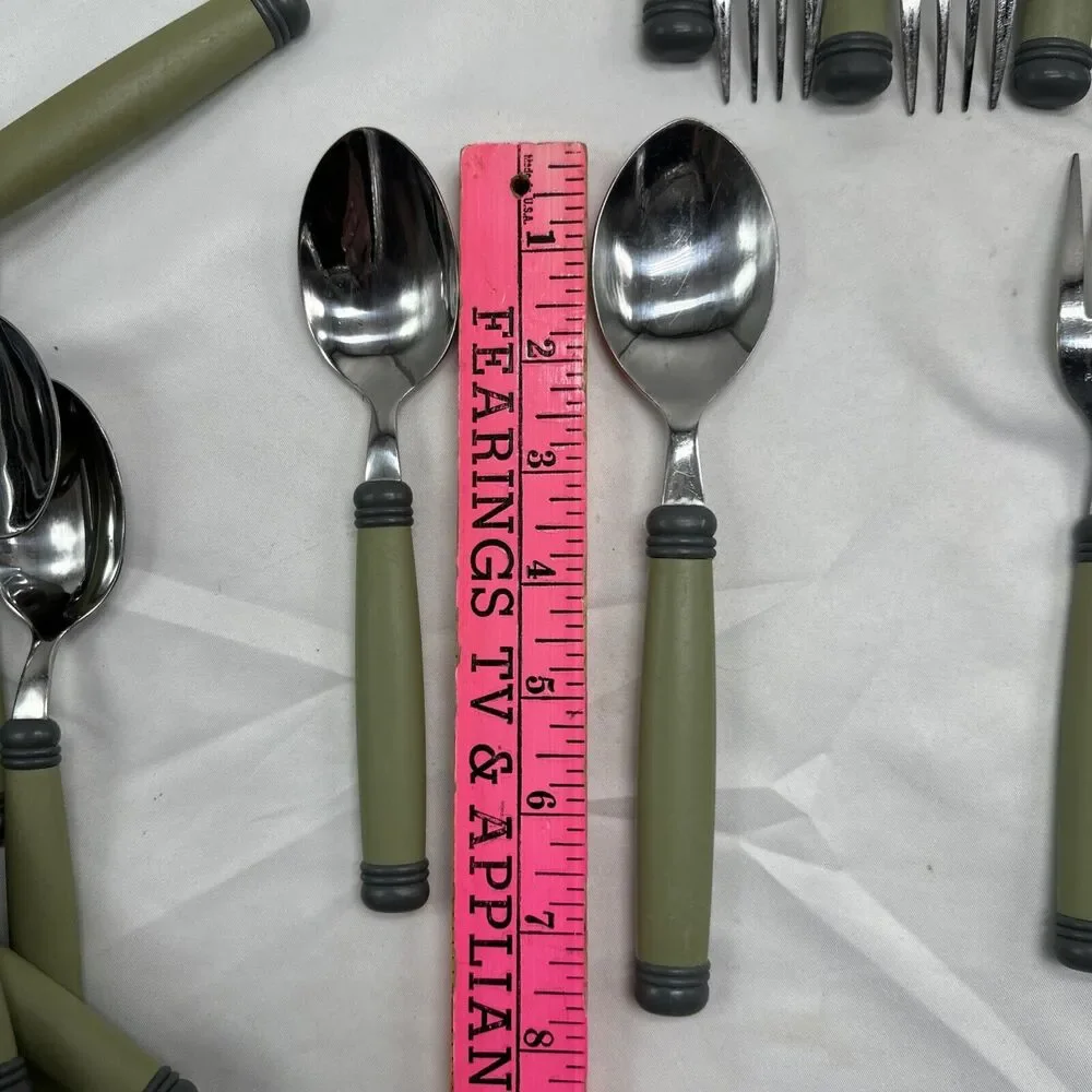 Pfaltzgraff SPHERE Stainless Plastic Charcoal Green Flatware Set Flaws 46 Pieces